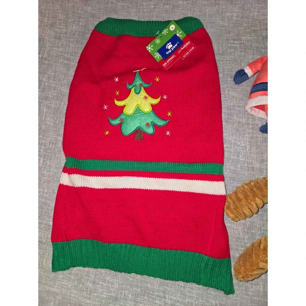 Top Paw Pet Holiday Dog Sweater Large Red Christmas Tree & 2 Plush Toys NWT
